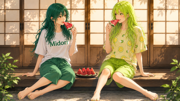 スイカを食べる2人（緑、ライム）