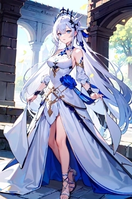 sanctualy, blue eyes, long silver hair, white dress, goddes, dragon eye,