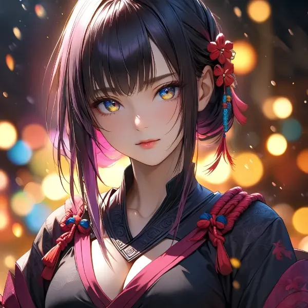 夜の灯りに輝く黒髪美少女