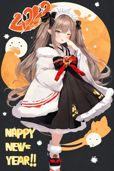 眠たげな新年エルフ娘(文字がしっかり出るところもある)