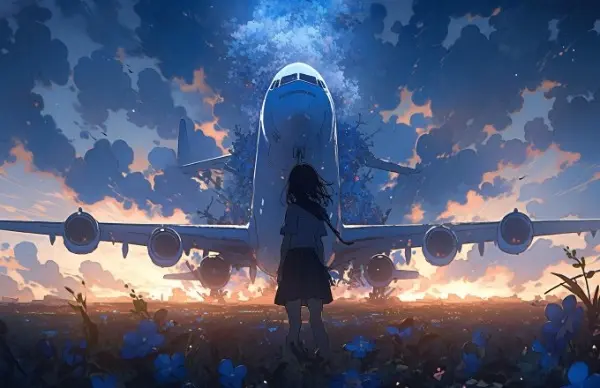 夏の日暮れと飛行機