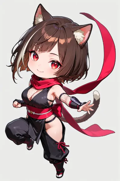 赤いスカーフの猫忍者少女の影舞