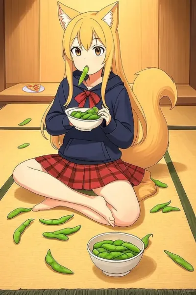 枝豆の食べ方がよく分からなかった狐耳系女子