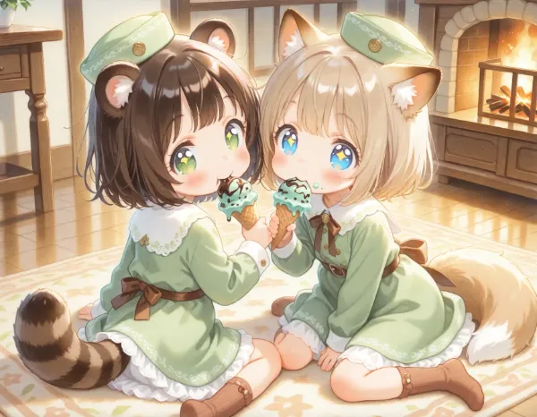 コン子とポン子・チョコミントアイス