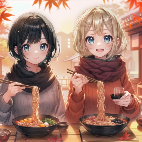 黒髪＆ブロンド・二人で蕎麦を食べた