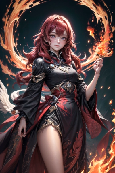 wizard scarlet hair scarlet eyes fire element