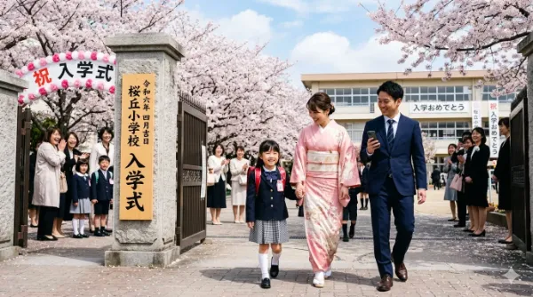 桜舞う入学式の家族