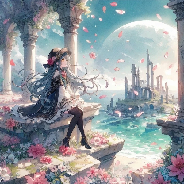 海の遺跡と花びら