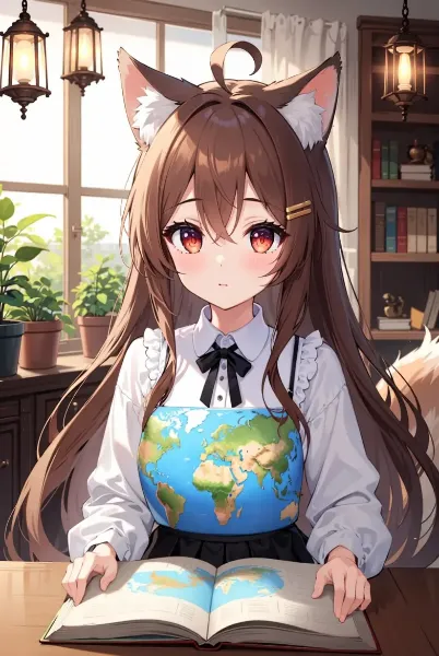 開いた世界地図帳の上でうっかり寝てて起きたらエプロンに世界地図がくっついていたケモ耳少女