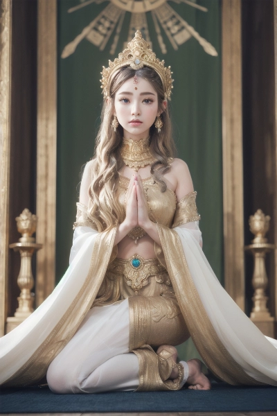 神殿で祈りを捧げる金色の髪の少女