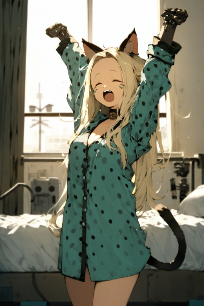 あくびをするサイボーグ猫耳娘