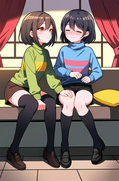 Chara petting Frisk\'s thighs gently