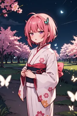 夜桜と蛍光蝶