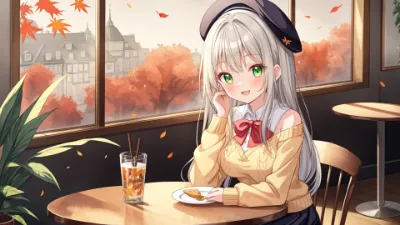 秋の窓辺で微笑む銀髪の少女