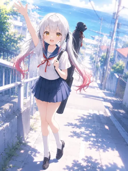 海沿いの坂道で手を振る少女