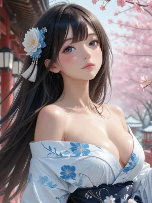 桜舞う和装の美少女