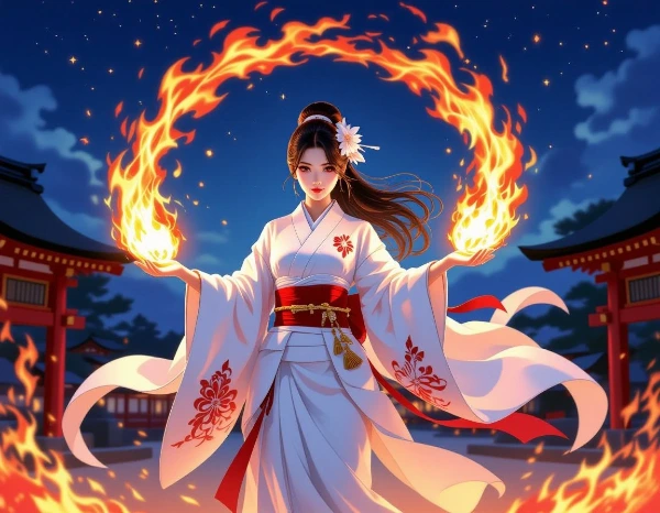 炎を操る巫女 - 神秘なる力の美しき体現者 / A shrine maiden who controls fire - a beautiful embodiment of mystical power