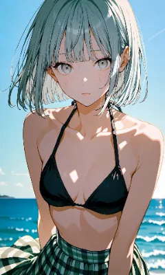 水色髪ショート　黒ビキニ