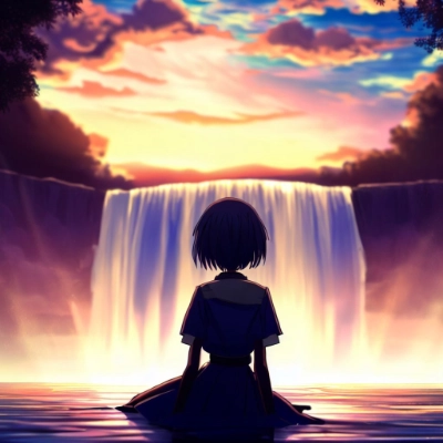 夕日と滝