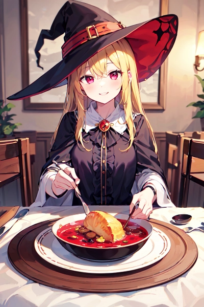 朝食にシチュー(ボルシチ)とパン(ピロシキ)を摂る魔女