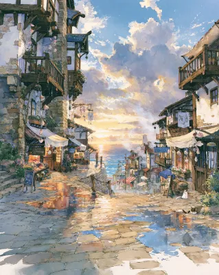 雨上がりの海辺に続く道