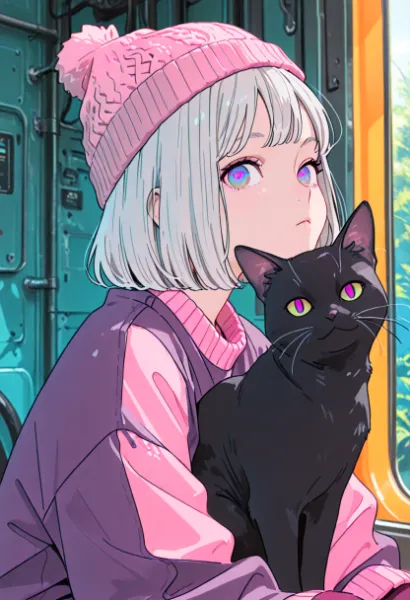 ピンク帽子の少女と黒猫の列車旅