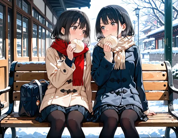 肉まんを食べる2人組女子校生