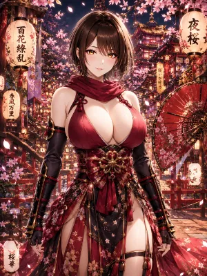夜桜に輝く緋色の美姫