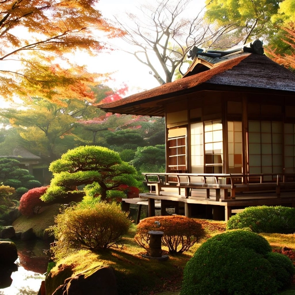 朝方の日本庭園の茶室（秋）