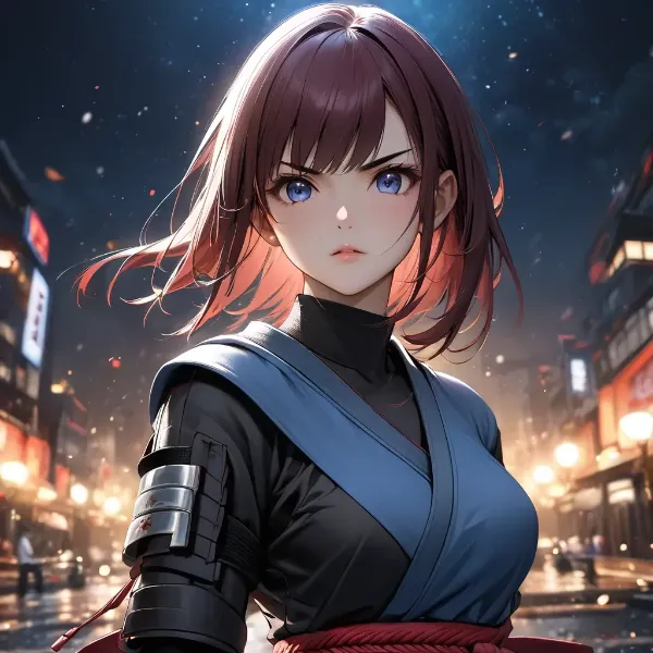 夜の街に立つ青い忍者