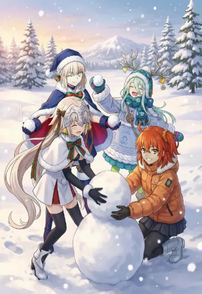 クリスマスイブの雪遊びで楽しそうなマスターとロウヒ達