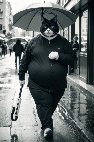 背中に傘を入れる猫男