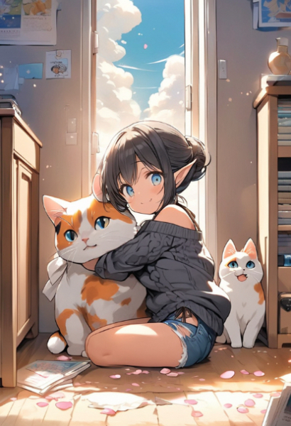 じゃれるエルフさんとでっかいにゃんこ