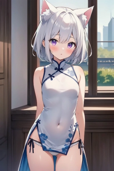 チャイナドレスの白猫娘