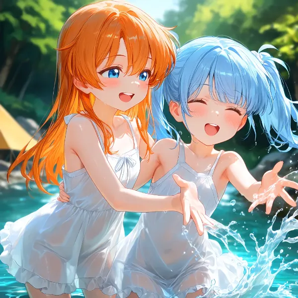 水辺で遊ぶ二人の少女