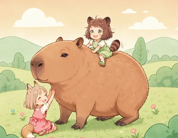 コン子とポン子・カピバラさんと遊んだ