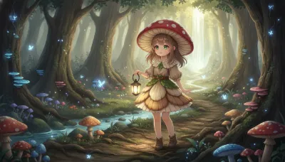 光る森でランプを掲げるキノコの少女