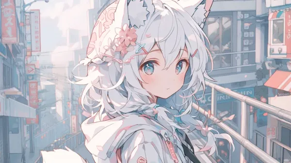 白狐少女の夕暮れ街探索