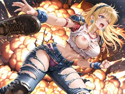 爆炎に飲み込まれ叫ぶ、金髪の戦乙女