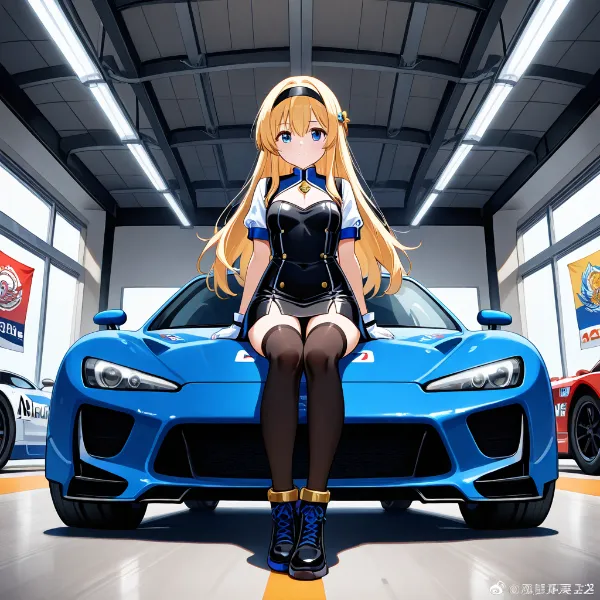 青いスポーツカーと金髪のレースクイーン