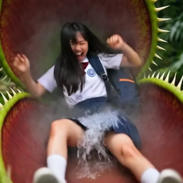 動画・巨大ハエトリグサの罠に囚われた少女