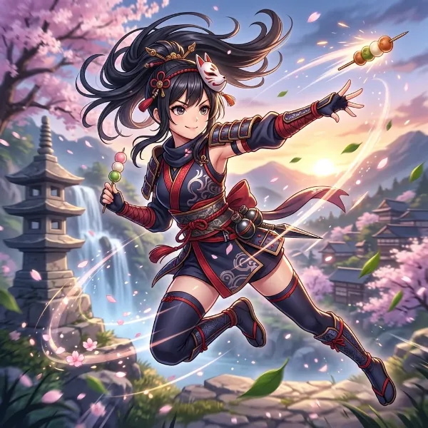桜舞う空を駆けるダンゴ忍者
