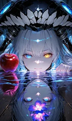 水鏡に映る異色の瞳と赤い林檎