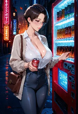 雨の夜、自販機で一息つく彼女