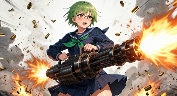 ガトリングを撃つ緑髪メガネ少女