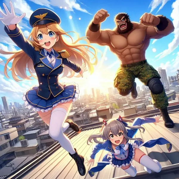 パルクールしている魔法少女と軍服美女と異形プロレスラー