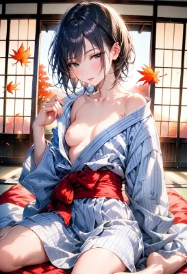 秋風に誘う浴衣美女