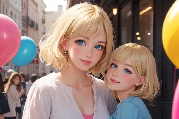 風船と金髪母娘