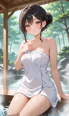 温泉に佇む黒髪美女