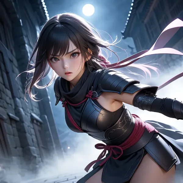 月下の黒髪忍者